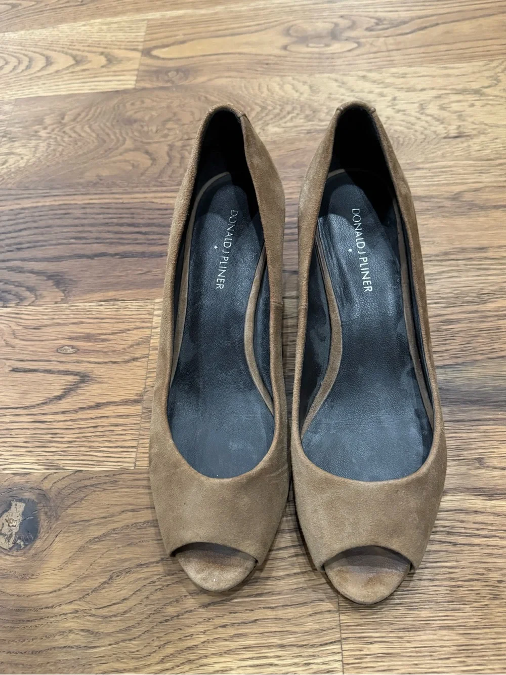 Donald J. Pliner Tan Suede Wedge Pumps with Patterned Heel